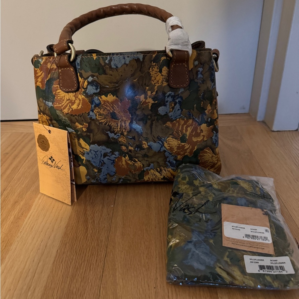 NWT Patricia Nash Bundle: Leather Wildflower Collection Handbag and Scarf Set